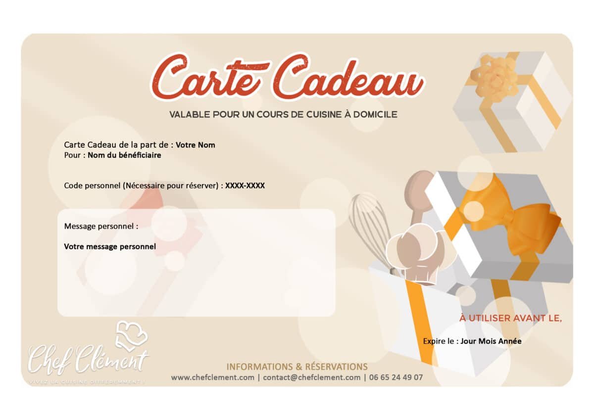 Carte Cadeau - Chef Clément - Valable pour un cours de cuisine à domicile