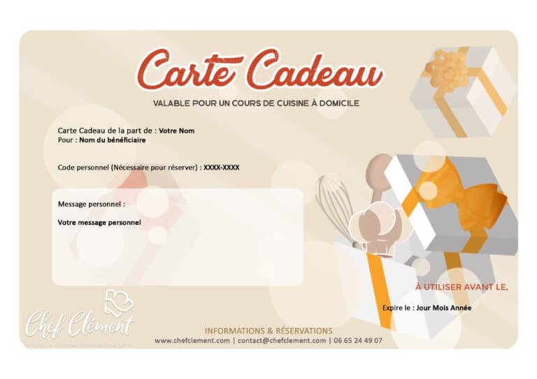 Carte Cadeau - Chef Clément - Valable pour un cours de cuisine à domicile